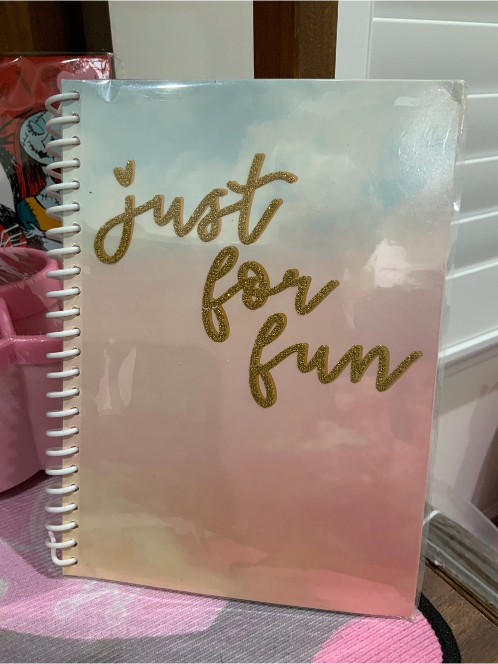 Just for Fun Spiral Notebook - Gold Script on Pastel Pink/Blue